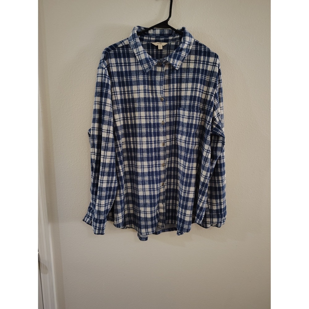 Terra & Sky Blue White Plaid Flannel Shirt Plus Size 2X 20W-22W Button Down Tops